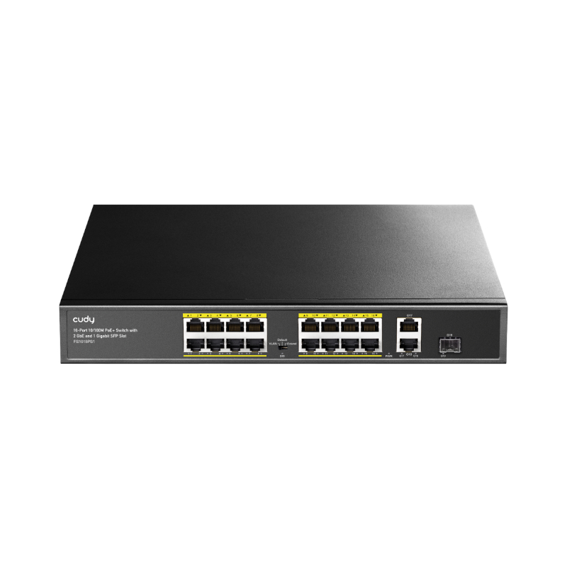 Cudy 16-Port Fast Ethernet 10/100M Unmanaged PoE+ Switch with 2 Gigabit Uplink and 1 SFP Port  200W - Rack Mount