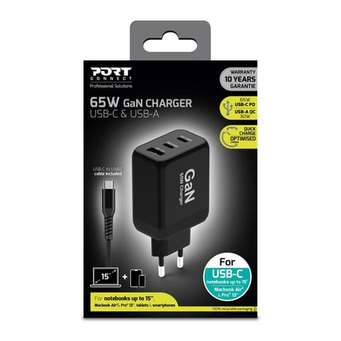 Port 65W GaN wall charger & 2M EU USB-C cable